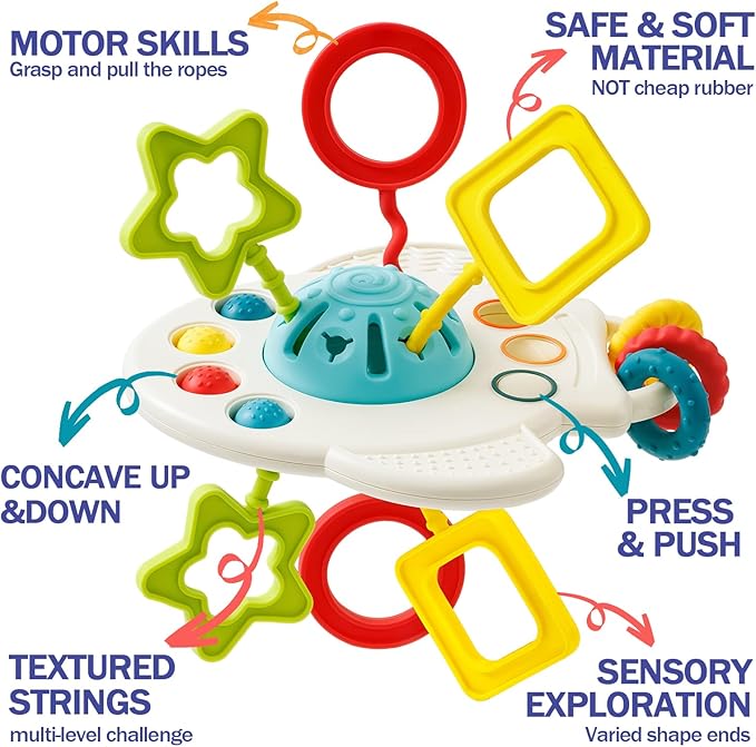 Baby Toys 6 to 12 Months, 5 In 1 Montessori Toys for 1 Year Old, Incl Travel Pull String Toy & Rattle Teether & Stacking Baby Block & Soft Infant Ring & Sensory Ball for Toddler 0-3-6-9-12 Month