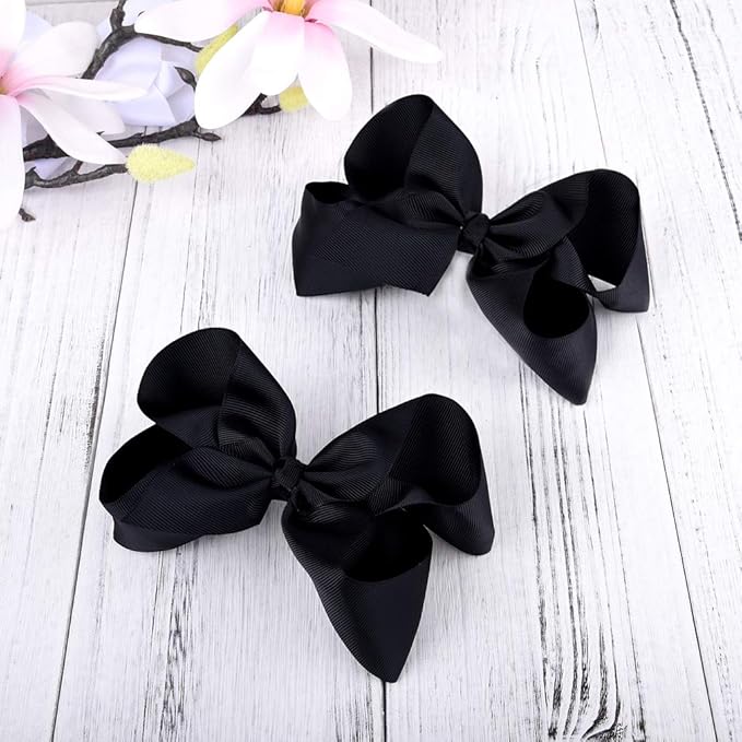 DEEKA 12 PCS 6" Big Hand-made Grosgrain Ribbon Hair Bow Alligator Clips Hair Accessories for Little Teen Toddler Girls - Black