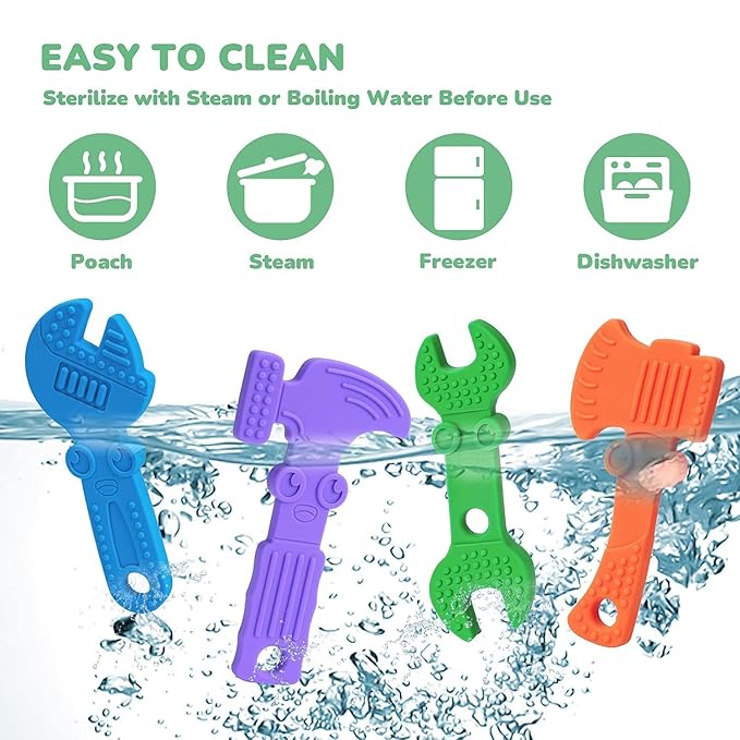 TYRY.HU Baby Teething Toys for Babies, Baby Teether Toys, BPA Free Silicone Baby Molar Teether Chew Toys, Hammer Wrench Spanner Pliers for Boys Girls, Soft-Textured, Easy to Hold & Clean, 4 Packs