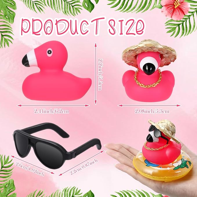 Sotiff Rubber Flamingo Pink Flamingo Rubber Ducks Squeaky Mini Ducks with Mini Cowboy Hats Swim Ring Gold Chain and Sunglasses for Car Decor Summer Birthday Swimming Party Gift Favor (Classic)