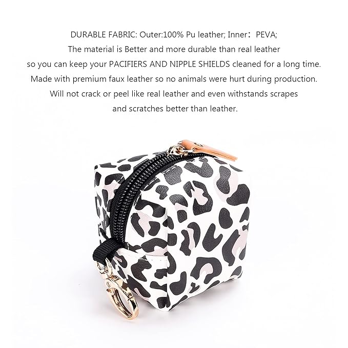 MOMIGO Pacifier Case Bag - Pacifier Holder with Clip for Diaper Bag Stroller Purse Charm, Holds 2 Pacifiers Outdoor Travel (Leopard)