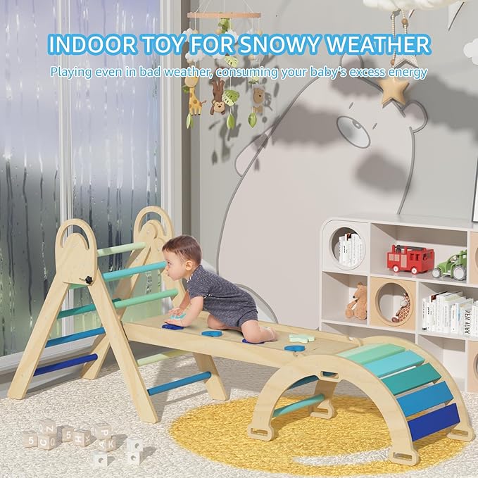 Pikler Triangle Set, Montessori Climbing Set, Baby Climbing Playset Toys Indoor, Jungle Gyms for Toddlers Ages 1-4, Toddler Climbing Playground (Blue-Nature)