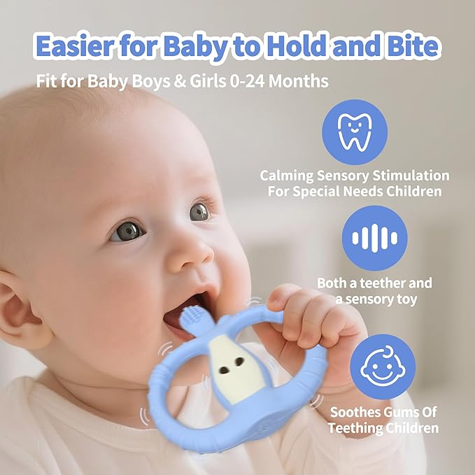 Vibrating Teether for Baby with Remote Control - Chewy Sensory Toy for Teething & Autism, 10-Speed Vibration Modes, USB Rechargeable, Food Grade Silicone Teether for Sensory Seekers (Blue)