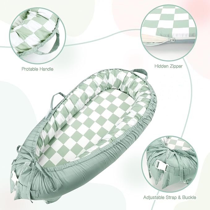 DILIMI Baby Lounger Cover, Cotton Baby Nest Replacement Cover for Girls Boys, Soft Breathable Reversible Newborn Lounger Cover, Green Checkered (Only Cover)