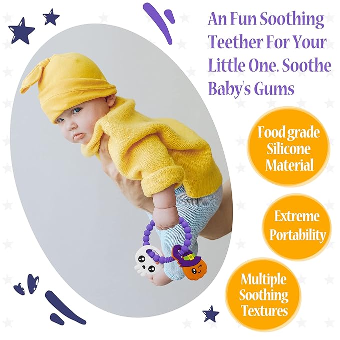 Big Spinach Pumpkin Teether Cute Ghouls Ring Teething Toy and Blind Box Silicone Baby Teether Toy,Girl or Boy Halloween Teether(2PC)