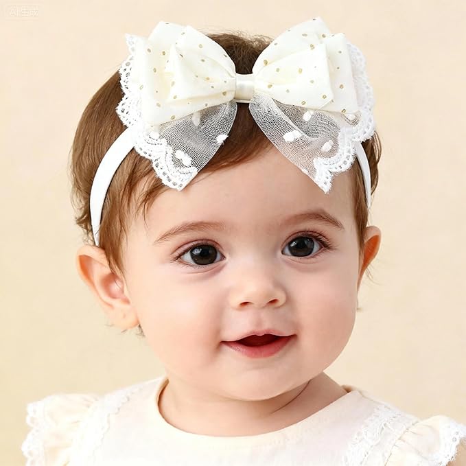 Baby Girls Hairbands bows Headband Stretchy Soft Flower Hairband Toddler Handmade Headbands with Pearls Elastic Headband for Infant Toddler Girl Hair Accessories (Lace Dot Bow, Elastic)