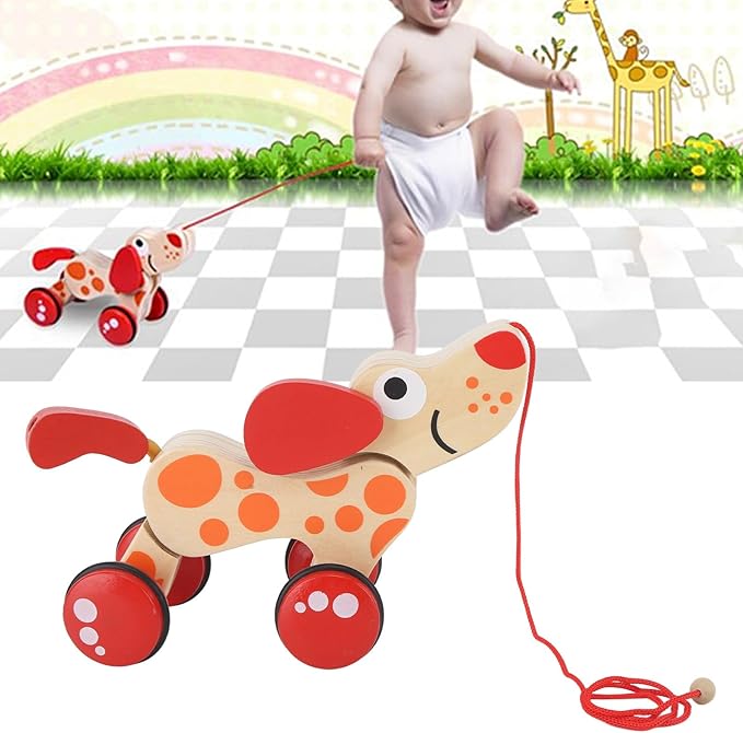 Push Pull Toy Puppy, Wooden Puppy Walk Along Toy Pine Push Pull for Toddlers Sturdy Balance, Wooden Hound Dog Walk A Long Puppy Wooden Pull Toy for Walking Toddlers (Type 1)