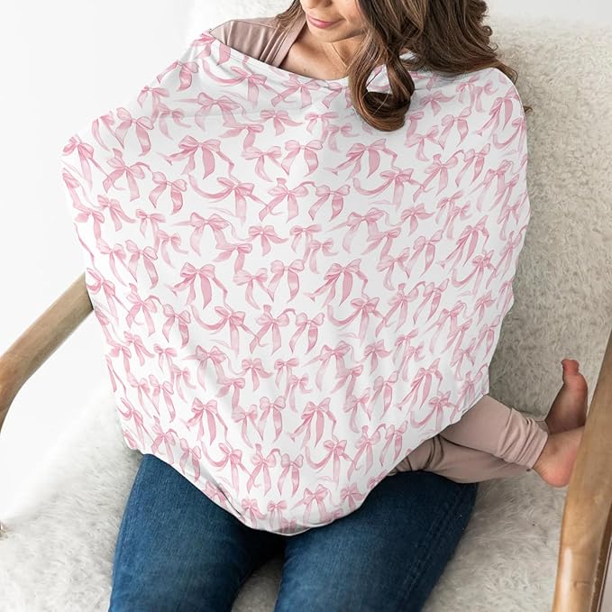 Pink Valentine's Bows Car Seat Cover for Babies Girl Bows Stretchy 5-in-1 Cover Adjustable Infant Carseat Cover Canopy Breathable Baby's First Valentine's Day Nursing Cover-Up