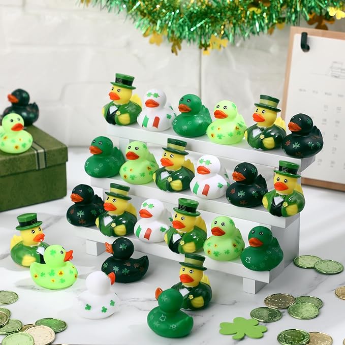 Jerify 24 Pcs St. Patrick's Day Rubber Ducks 6 Styles Shamrock Ducks for Bath Pool Birthday Irish St. Patrick's Day Gifts for Party Favors Accessories Holiday