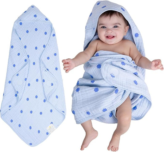 Hands-Free Hooded Towel - 100% Organic Premium Muslin Cotton, 30" x 30", Ultra-Absorbent, Soft, Breathable, Hypoallergenic, Multipurpose, Gifts for Babies & Infants