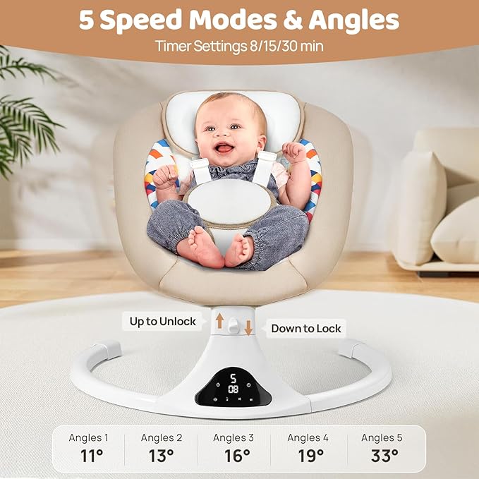 Baby Swing for Infants, Bluetooth Baby Swing with Remote Control, Portable Infant Swings with 5 Speed Motions, 12 Soothing Lullabies, Designed for Newborns (Max 20 lbs Beige)