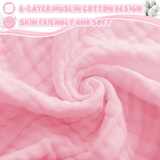 Preboun 6 Pcs Muslin Baby Hooded Towels Cotton Absorbent 6 Layers Cute Bath Toddler Towels for Newborn Kids Girl Infant Boys Toddler Shower Gift Supplies (Grey,Pink,White)