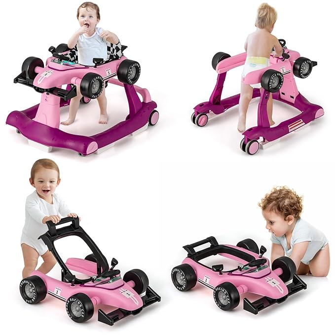 HONEY JOY 4-in-1 Baby Walker, Activity Push Walker w/3 Adjustable Heights, Smooth Wheels w/Adjustable Speed, Padded Seat, Music & Light, Foldable Car Walker for Baby Boys Girls Age 6 Months+ (Purple)