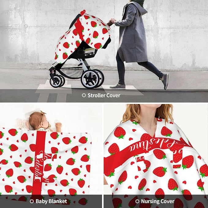 Strawberry Baby Car Seat Cover with Custom Name – Multipurpose Nursing Cover, Stroller Cover, Breastfeeding Privacy Canopy – Soft Breathable Blanket for Girls, Shower Gift