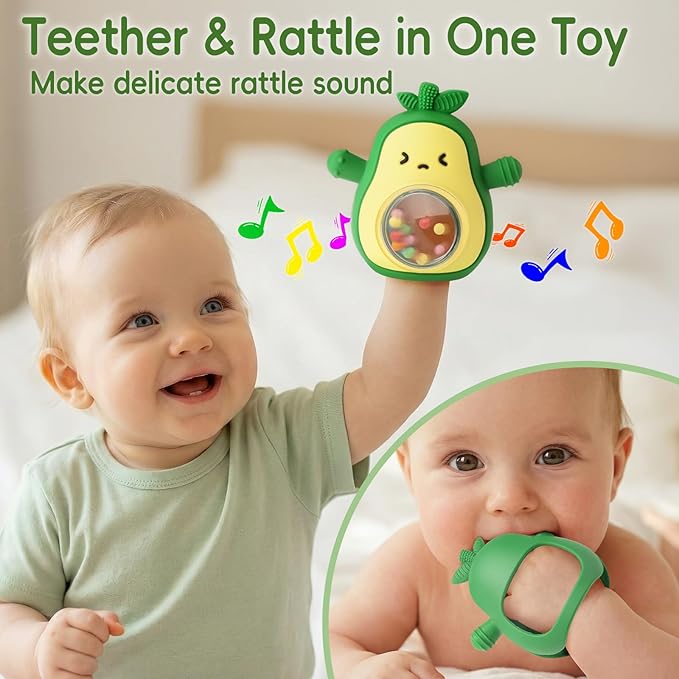Baby Teether & Rattle Toys Avocado Teething Mitten for Sucking Needs -Anti Dropping Wrist Hand, Silicone Teethers Baby Chew Toys for Babies Over 3 Months, BPA Free