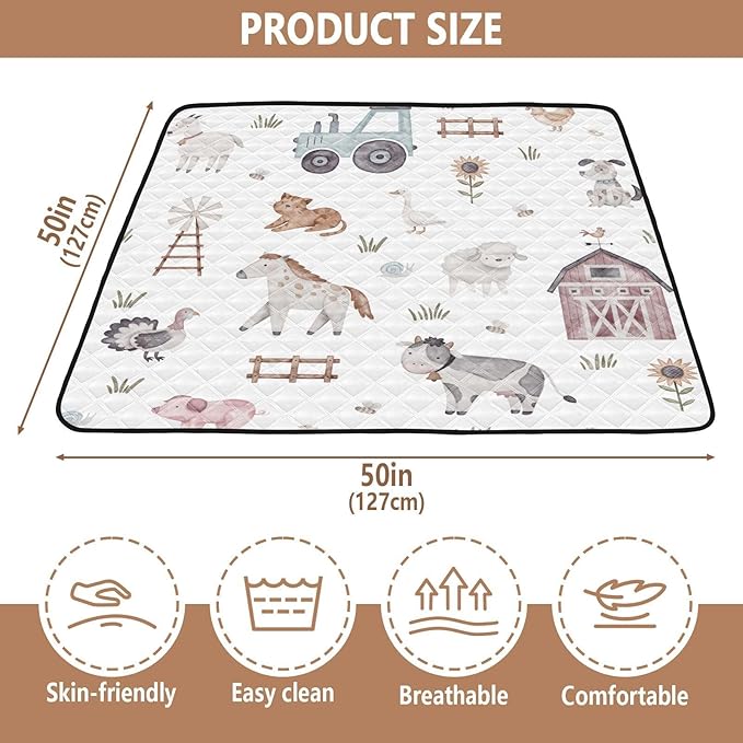 Baby Play Mat Watercolor Farm Animals Tractor 50 x 50 Playpen Mat Baby Play Mats for Floor Play Gym Crawling Mat Non-Slip Cushioned Baby Playmat for Infants, Babies, Toddlers