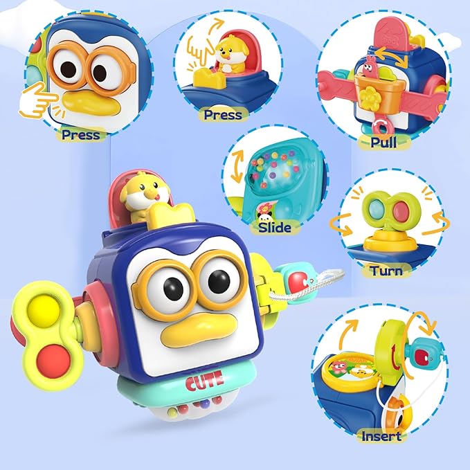Babies Toys for 12 Months,Sensory Toys for Toddlers 1-3, 3 in 1 Activities Busy Cube,Pull String Teether and Baby Tissue Box Toy,Infant Toddlers Toy Gifts for 1 2 3 Year Old Boys Girls