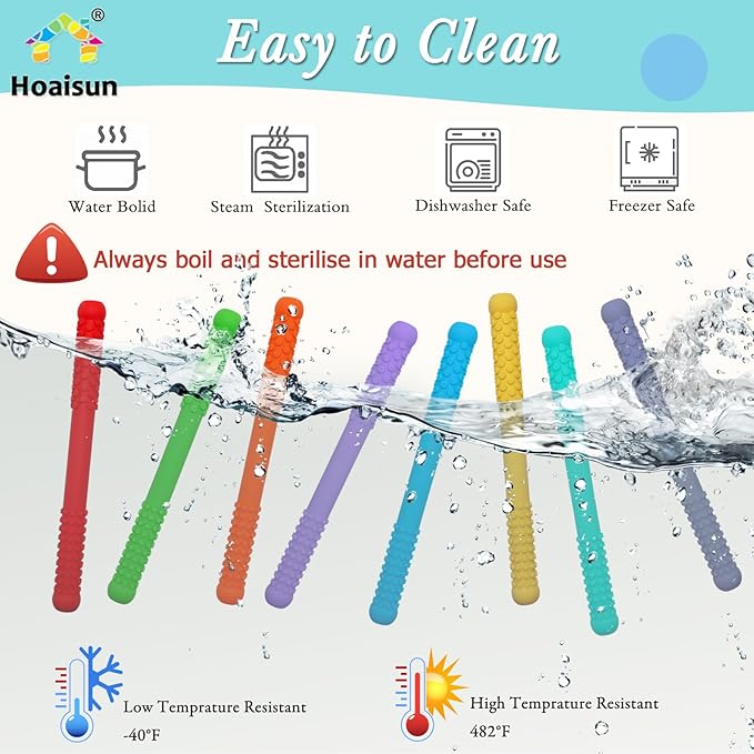 Teething Straws Sticks for Babies 6-12 12-18 Months, 8 Pack Teething Toys 3-6 Months, Silicone Teethers for Babies Toddlers Nursing Biting Chewing, Autism Chew Toys for Sensory Kids Teething Relief