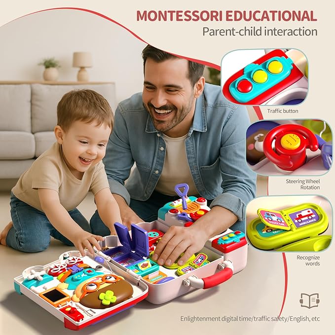 54-in-1 English & Spanish Musical Busy Board Montessori Toys, Early Educational Montessori Toy for 1 2 3 Year Old Boys, Bilingual Learning Toy Gifts for 1+ Year Old Boys