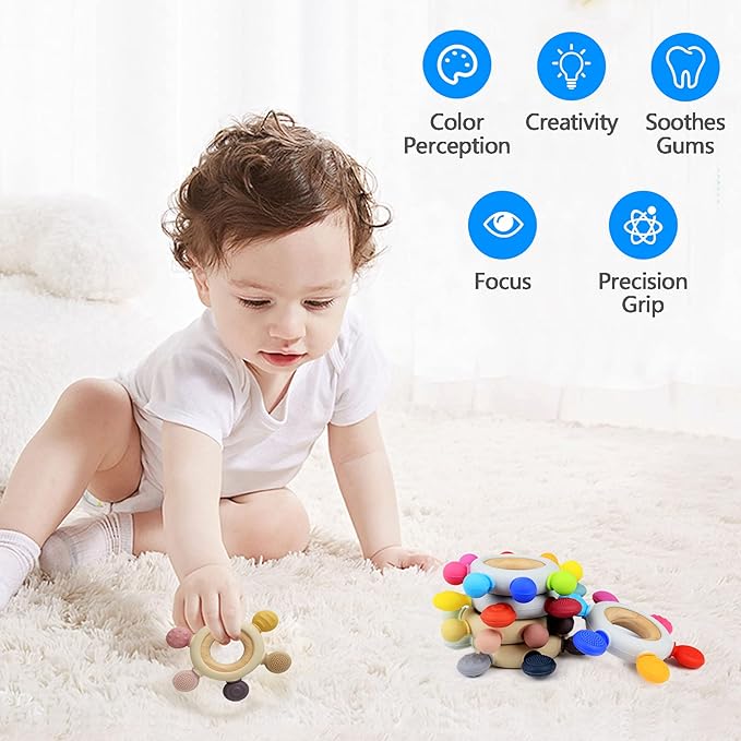 Baby Teething Toys Silicone Teethers BPA Free Silicone Rudder with Wooden Ring Soothe Babies Gums (Khaki)
