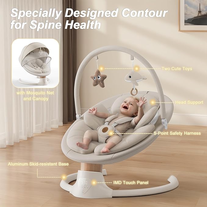 Baby Swings for Infants, FasonBaby Electric Baby Swing with Music Speaker, 5 Speeds, Remote Control and Bluetooth - Portable Infant Swing for Indoor and Outdoor (Beige)