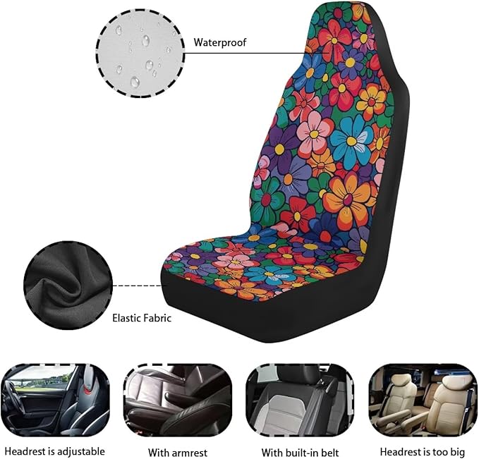 Cute Hippie Flower Car Seat Covers 2 Pcs Stretch Polyester Fabric Cover Waterproof Car Seat Cover Easy Installation Universal Size Fit for Most Cars SUVs Trucks Vans