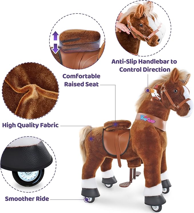 PonyCycle Riding Horse Toy with Brake, Sound Mechanical Pony Classic Model U Brown Giddy up Pony Plush Walking Animal Size 3 for Age 3-4 Years - Ux324