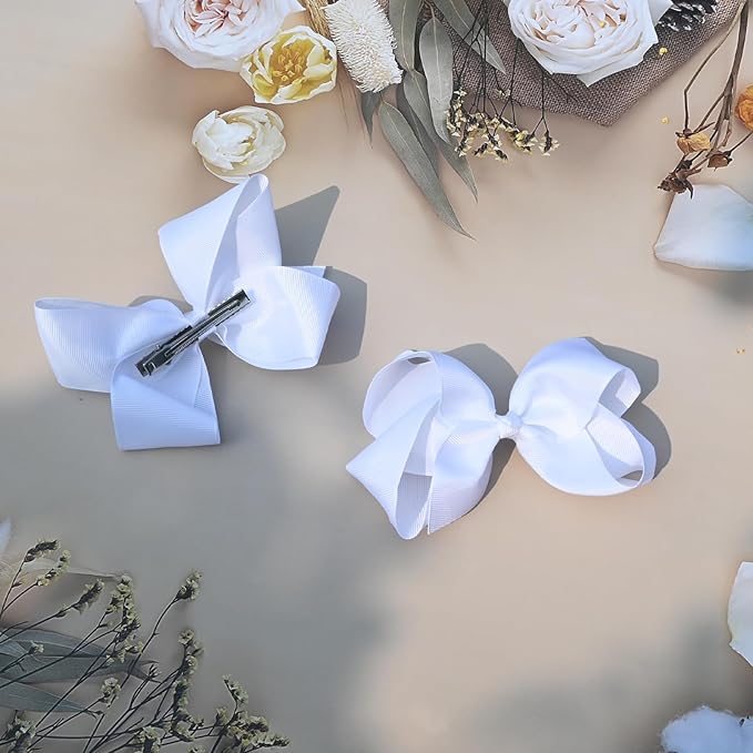 2 PCS 6inchs Hair Bows for Girls Grosgrain Ribbon Hair Bow Alligator Clips Hair Accessories for Baby Girls Toddlers(White)
