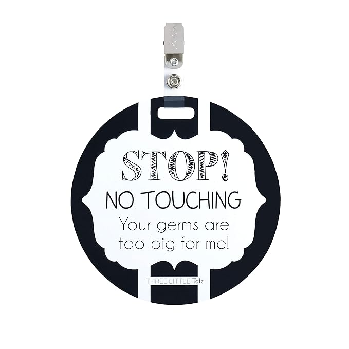 (Three Little Tots) No Touching baby Car Seat and Stroller TWO PACK- Baby Safety No Touching Car Seat Sign, Stroller Sign, Newborn Car Seat Tag- CPSIA Safety Tested (Blue Mommy/Black White)