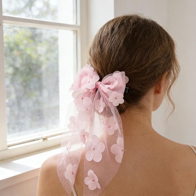 Pink Flower Bow Hair Clip - Mesh Tulle Floral Hair Bow Clips Summer Hair Accessory for Women Girls Bridal Wedding Hair Ornament, Bridesmaid Party Headpiece, Elegant Hairpin for Daily Styling