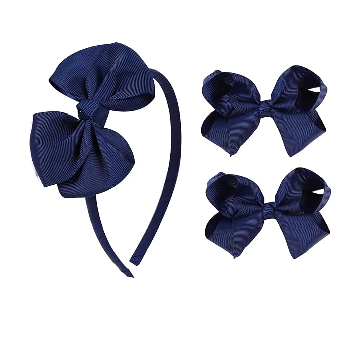 Bow Headband & 2 Pcs 4 Inch Hair Bows Set, Black School Hair Accessories for Little Toddler School Girls (Navy)