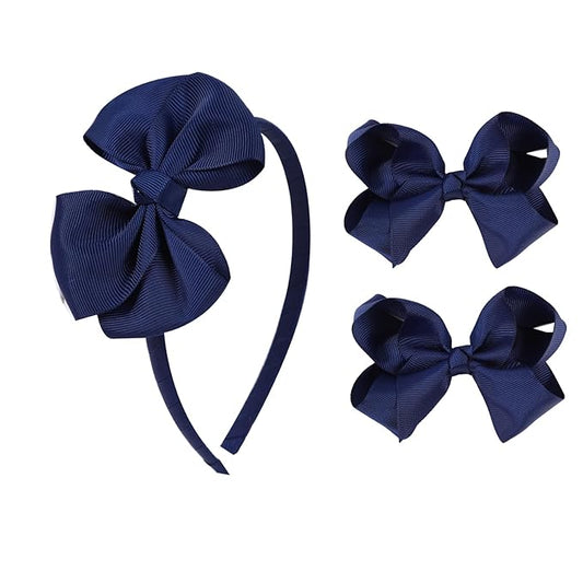 Bow Headband & 2 Pcs 4 Inch Hair Bows Set, Black School Hair Accessories for Little Toddler School Girls (Navy)