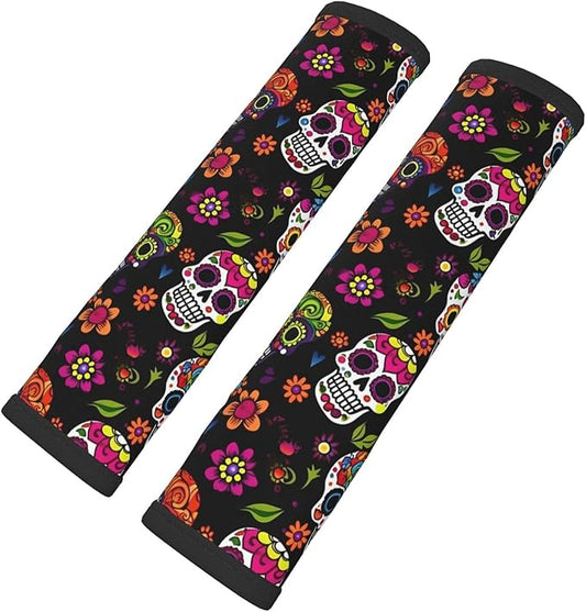 Sugar Skulls Flowers Seat Belt Cover Fits Cars Trucks SUV Sedans Sweat Absorption Car Seatbelt Strap Cover, Auto Interior Accessories Protecto