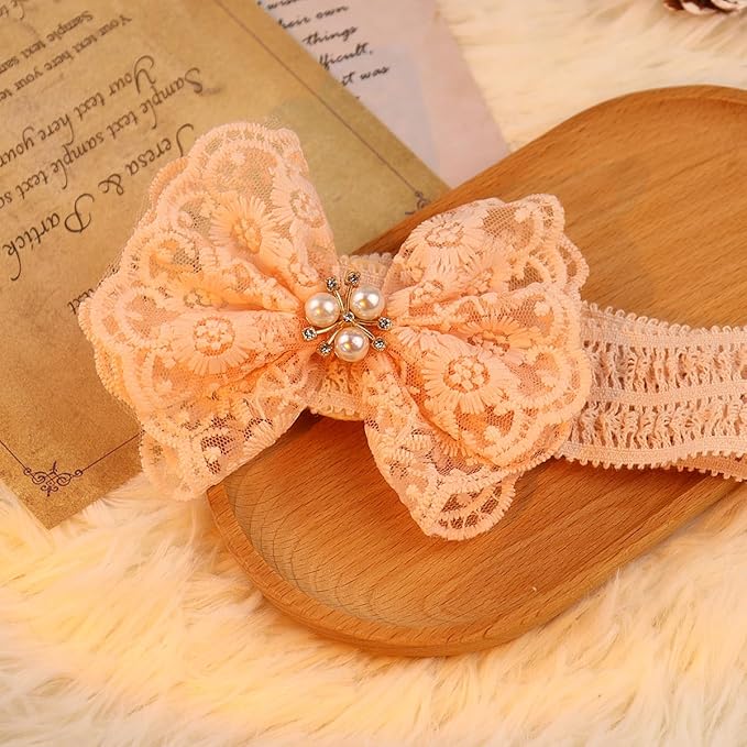 Lace Flower Bow-knot Baby Girls Headband Birthday Infant Wrap Elastic Baby Turban Hairband for Newborn Infant Toddler Kids (Pink pearl)