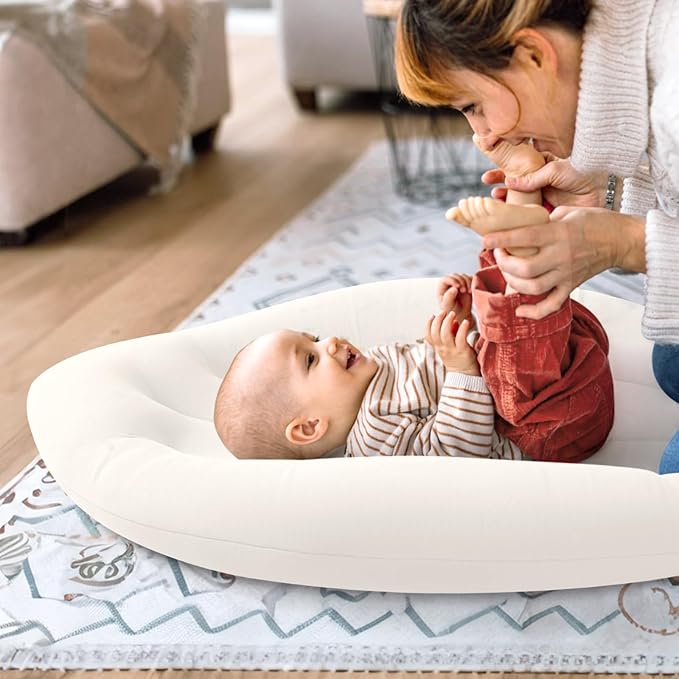 Baby Lounger for Newborn: Skin-Friendly & Breathable for 0-12 Months Infant Tummy Time Playtime & Diaper Changes - Portable & Lightweight Cushion for New Parents (Ivory)