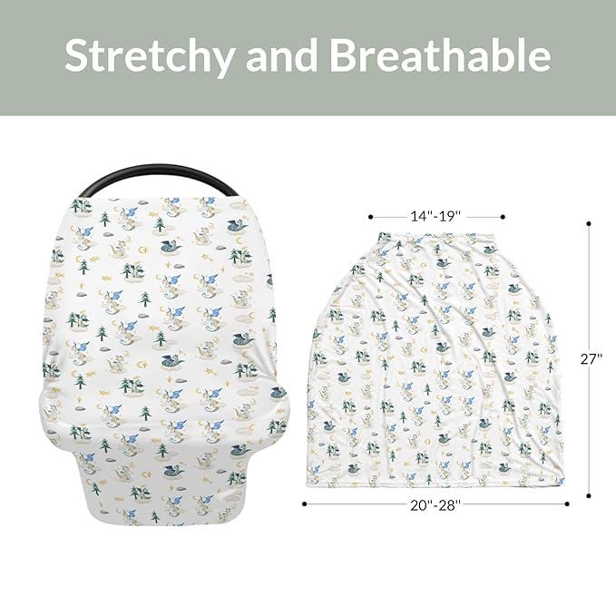 Fantasy Dragon Car Seat Covers for Baby Fairytale Dragons Moon Stars Clouds Trees Stretchy 5-in-1 Cover Adjustable Car Canopy Breastfeeding Cover Myth Animal Breathable Nursing Cover-Up