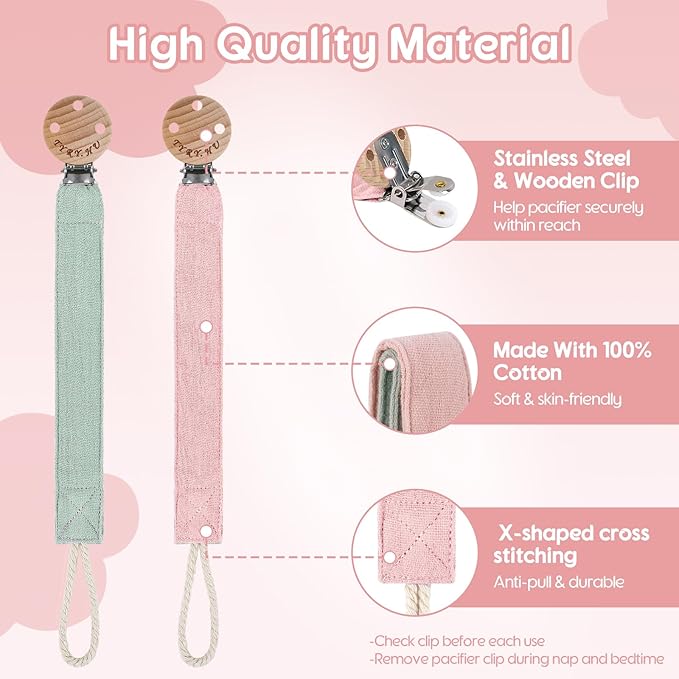 TYRY.HU Ribbon Pacifier Clip Holder,2 Pack Binky Paci Holder Clips, Pacifier Leash for Baby Boys and Girls, Fabric Pacifier Strap Universal Fits for Most Pacifier, Styles & Teethers Toys(Green,Pink)