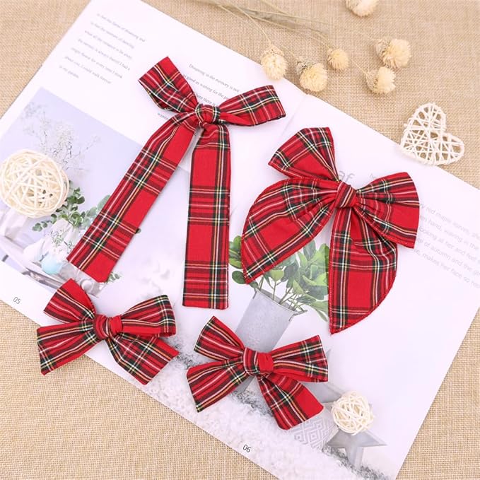 Set of 4 Tartan Red Bow Hair Clips for Little Girls Toddler Baby Mom Women Hair Barrettes Accessories 3 Styles Bows School Uniform Plaid Bows