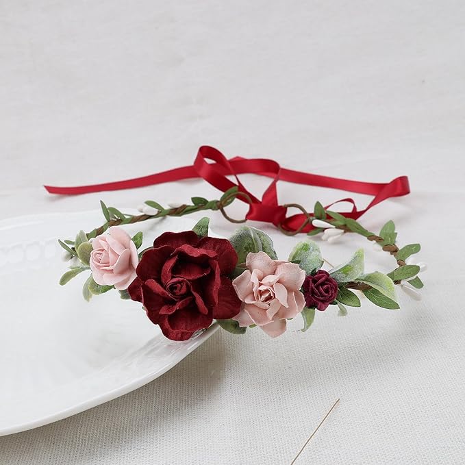 Flower Crown for Girls Floral Headpieces Kids Headband Wedding Halo Hair Pieces Children Hair Wreath Photo Prop (Burgundy-Child Size)