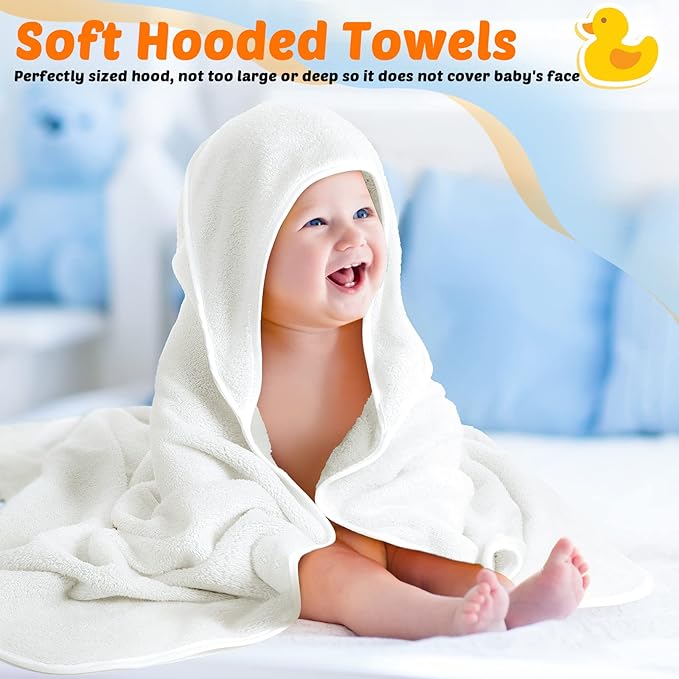 Reginary 4 Pack Baby Hooded Towels Coral Fleece Baby Bath Towels 30 x 30 Inch Soft Absorbent Hooded Bath Blanket for Newborn Toddler Infant Boy Girl Shower Gift Supplies (White)