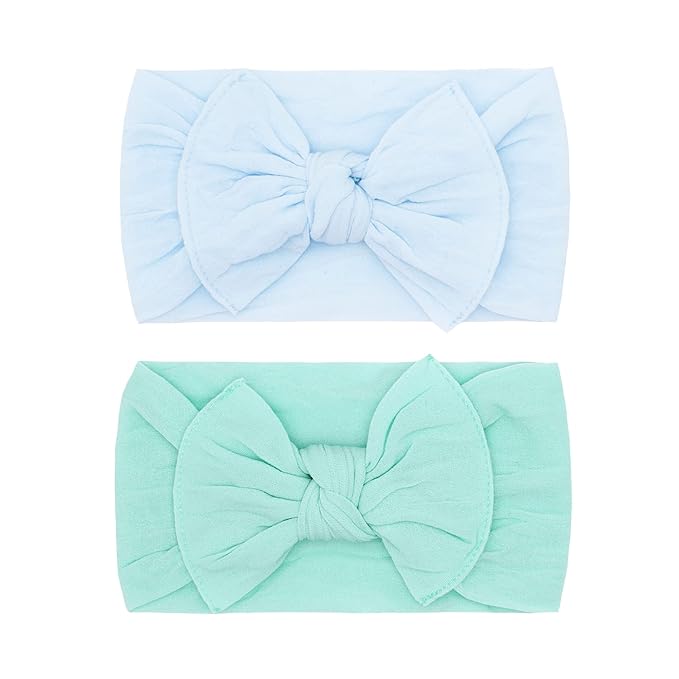 Baby Bling Bows - Newborn to Little Baby Girl Bows, 2 Pack Nylon Super Soft Stretchy Knot Toddler Headbands, Perfect Hair Accessories Head Bands for Infant Kids(Sky & Seafoam)