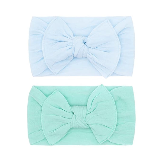 Baby Bling Bows - Newborn to Little Baby Girl Bows, 2 Pack Nylon Super Soft Stretchy Knot Toddler Headbands, Perfect Hair Accessories Head Bands for Infant Kids(Sky & Seafoam)
