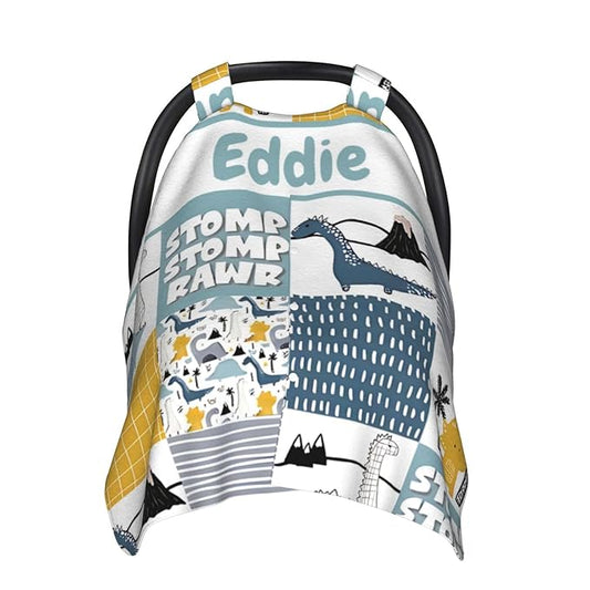 Personalized Baby Car Seat Canopy for Babies with Name, Custom Name Car Seat Covers for Boys Girls, Dinosaur Opening Minky Nursing Breastfeeding Stroller Cover Infant Carseat Canopies for Newborn