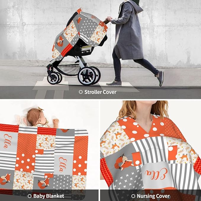 Personalized Fox Plaid Baby Infant Car Seat Canopy with Name, Custom Multi-use Blankets for Baby Boys Girls, Peekaboo Minky Nursing Breastfeeding Stroller Cover Canopies for Newborn