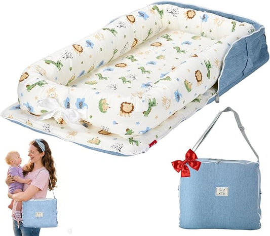 Baby Lounger for Newborn-Portable Baby Lounger 0-24 Months for Home and Travel,Newborn Loungers with Strap, Baby Nest Lounger Adjustable Size,Animal World Blue