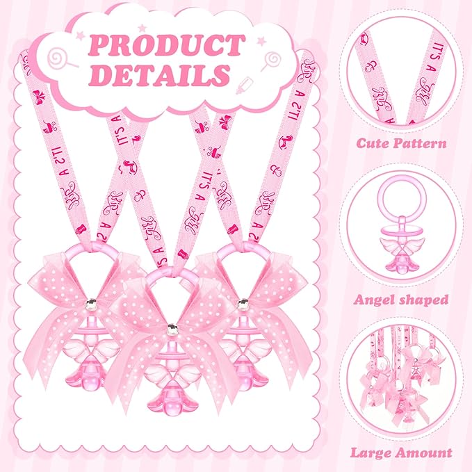 Tondiamo 60 Pcs Baby Shower Pacifier Necklace for Chupones para Baby Shower Game Party Favor Acrylic Angel Pacifier Charm for Girl Boy Guest Gender Reveal Party Decoration Table Scatter(Pink)