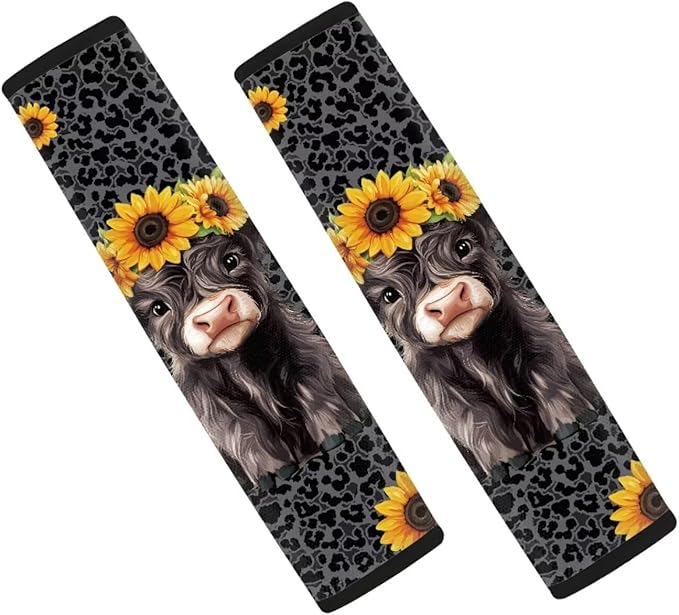 UNICEU Blake Leopard Highland Cow Auto Seat Belt Cover 2 Piece Set Cheetah Car Accessory Anti Slip Automotive Seatbelt Shoulder Pads for Women Men