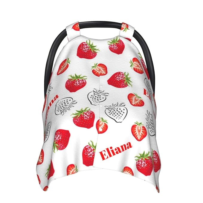 Personalized Baby Car Seat Canopy with Name, Strawberries Nursing Cover & Infant Car Seat Canopy, Shower Gift for Newborn Baby Girls