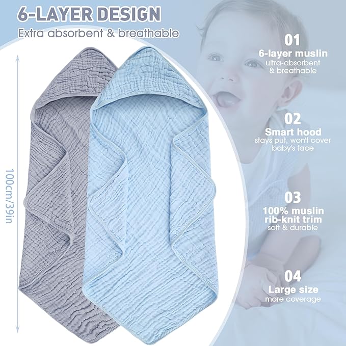 Synrroe Baby Hooded Bath Towel 2 Pack, 100% Muslin Cotton, 32x32 Inch - Matching Trim & Hood, Soft Absorbent Baby Toddler Towel for Newborns & Infants, Blue and Misty