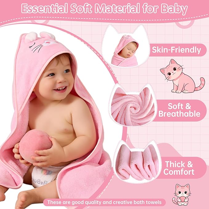Hooded Baby Towel, Premium Soft Coral Fleece Baby Towel for Baby, Newborns, Toddlers, Infant- Ultra Absorbent, Natural Baby Stuff Towel with Hood for Boys and Girls (Pink Cat)